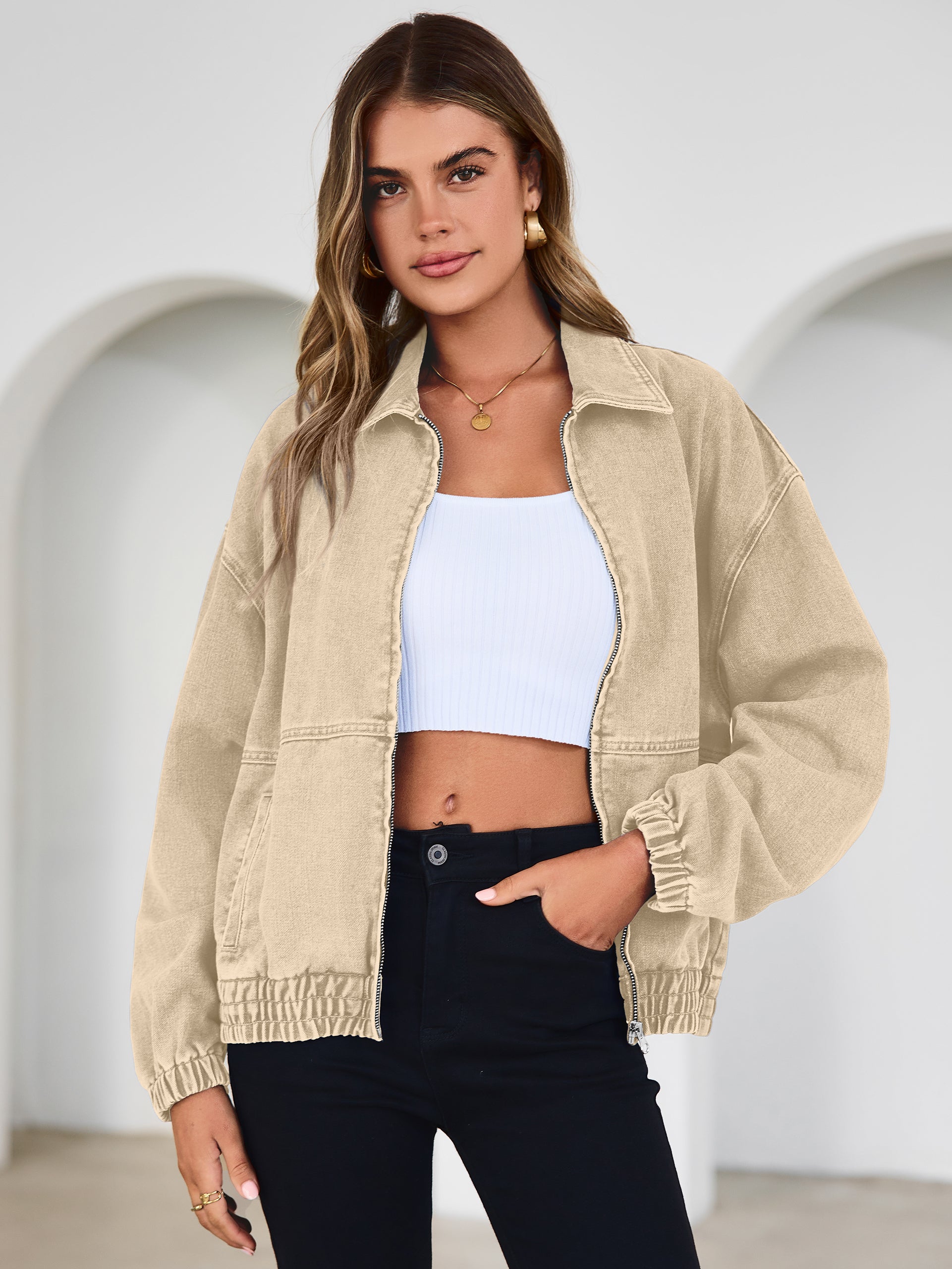 Classic Zip-Up Denim Bomber Jacket with Pockets