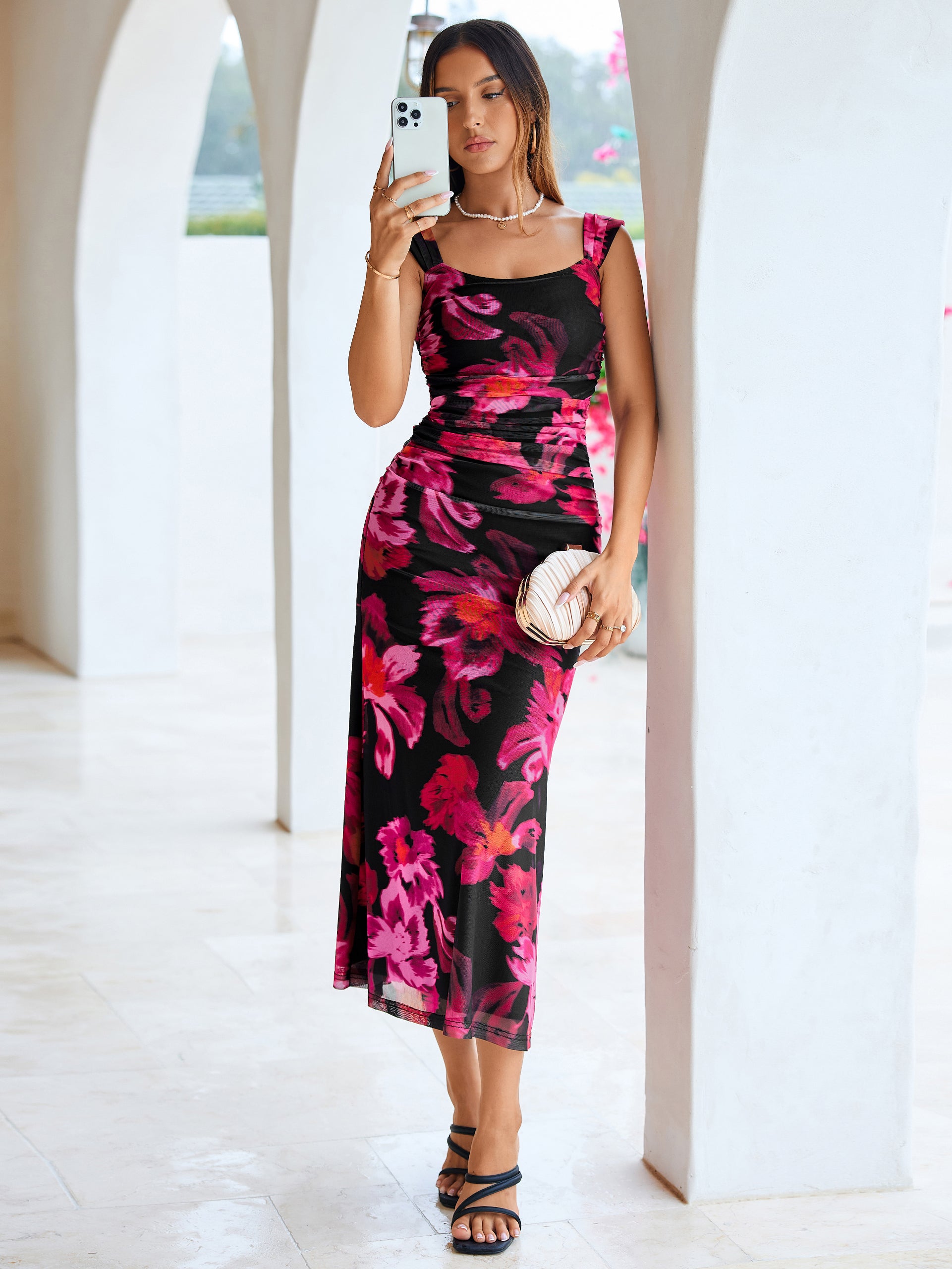 Floral Square Neck Ruched Mesh Bodycon Dress