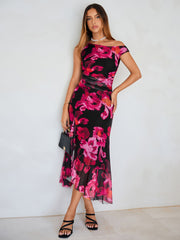 Floral One-Shoulder Mesh Ruched Midi Dress