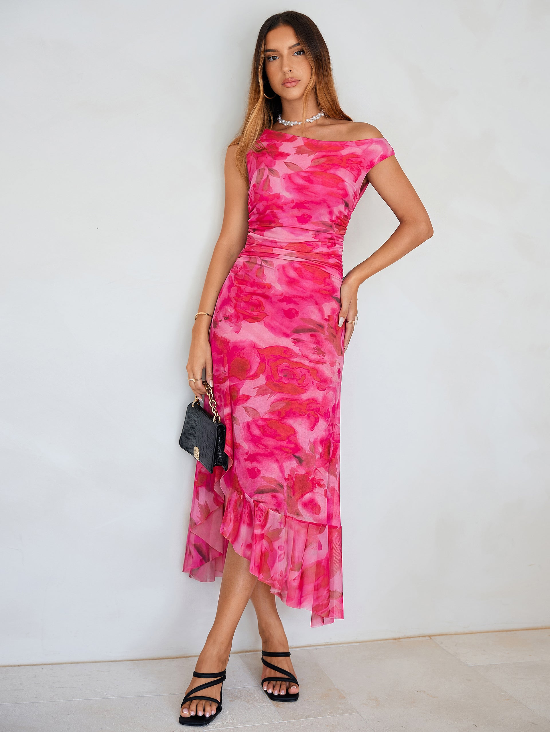 Floral One-Shoulder Mesh Ruched Midi Dress