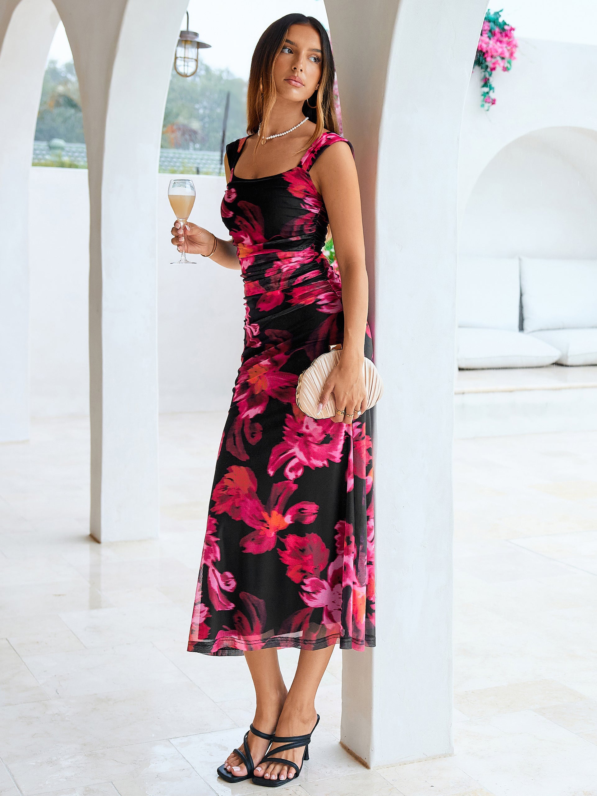 Floral Square Neck Ruched Mesh Bodycon Dress