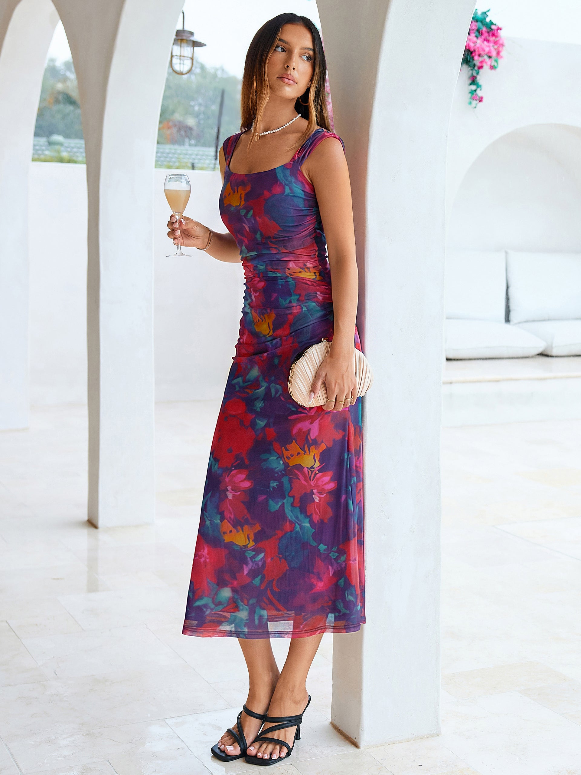 Floral Square Neck Ruched Mesh Bodycon Dress