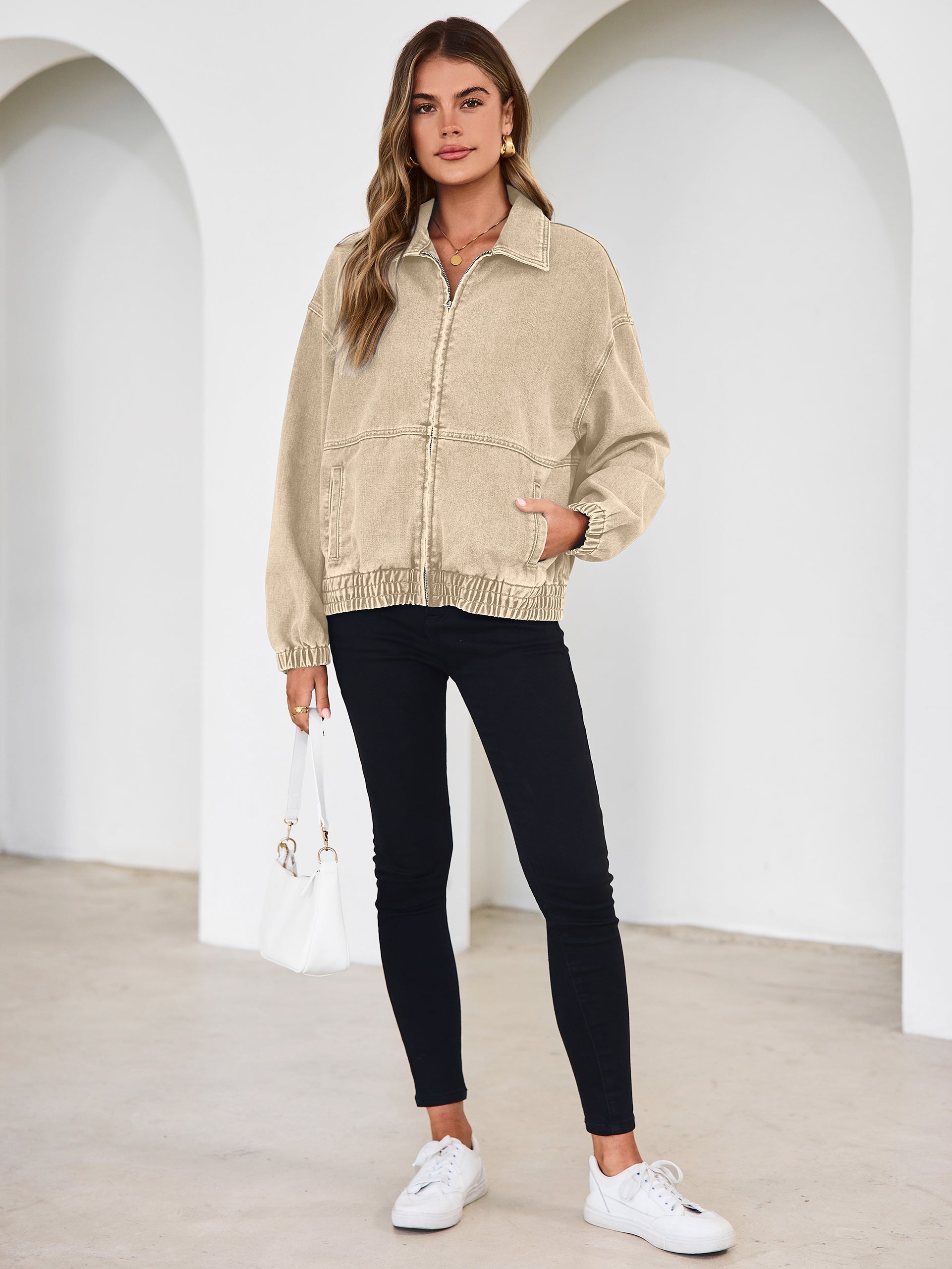 Classic Zip-Up Denim Bomber Jacket with Pockets