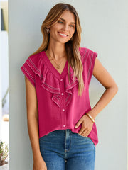 V-Neck Ruffle Trim Contrast Stitching Top