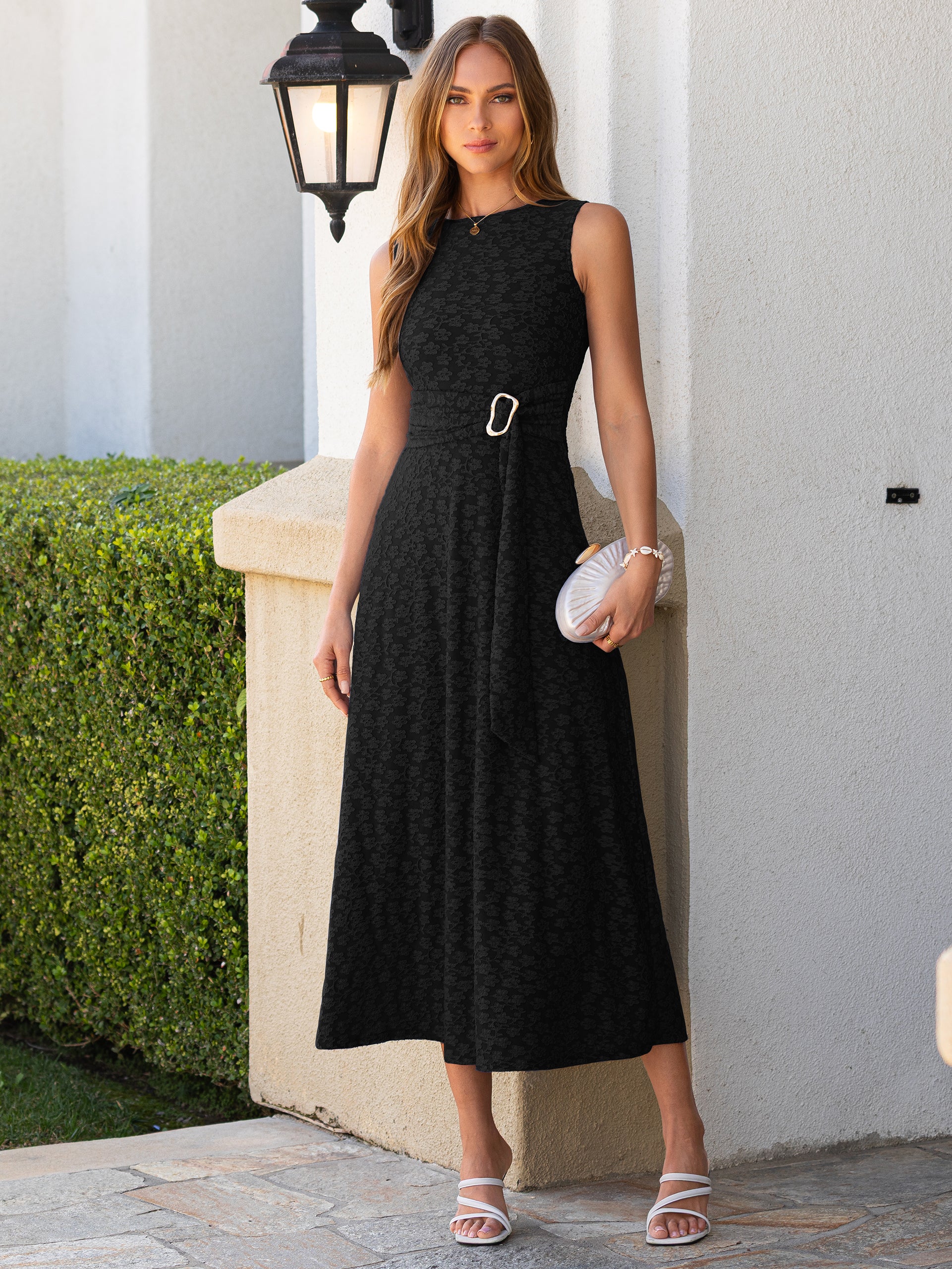 Floral Boat Neck Sleeveless Maxi Dress with Tie Waist