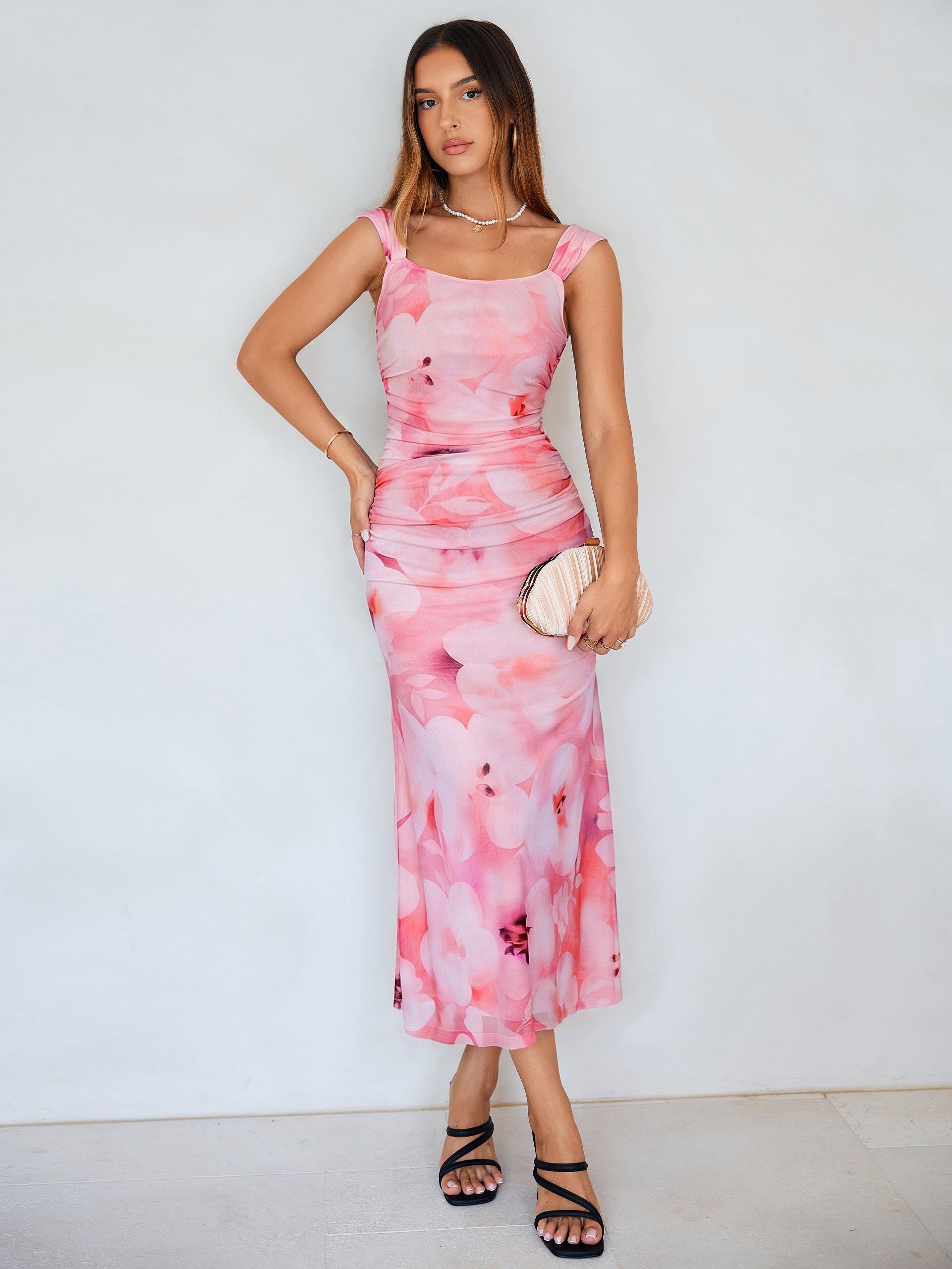 Floral Square Neck Ruched Mesh Bodycon Dress