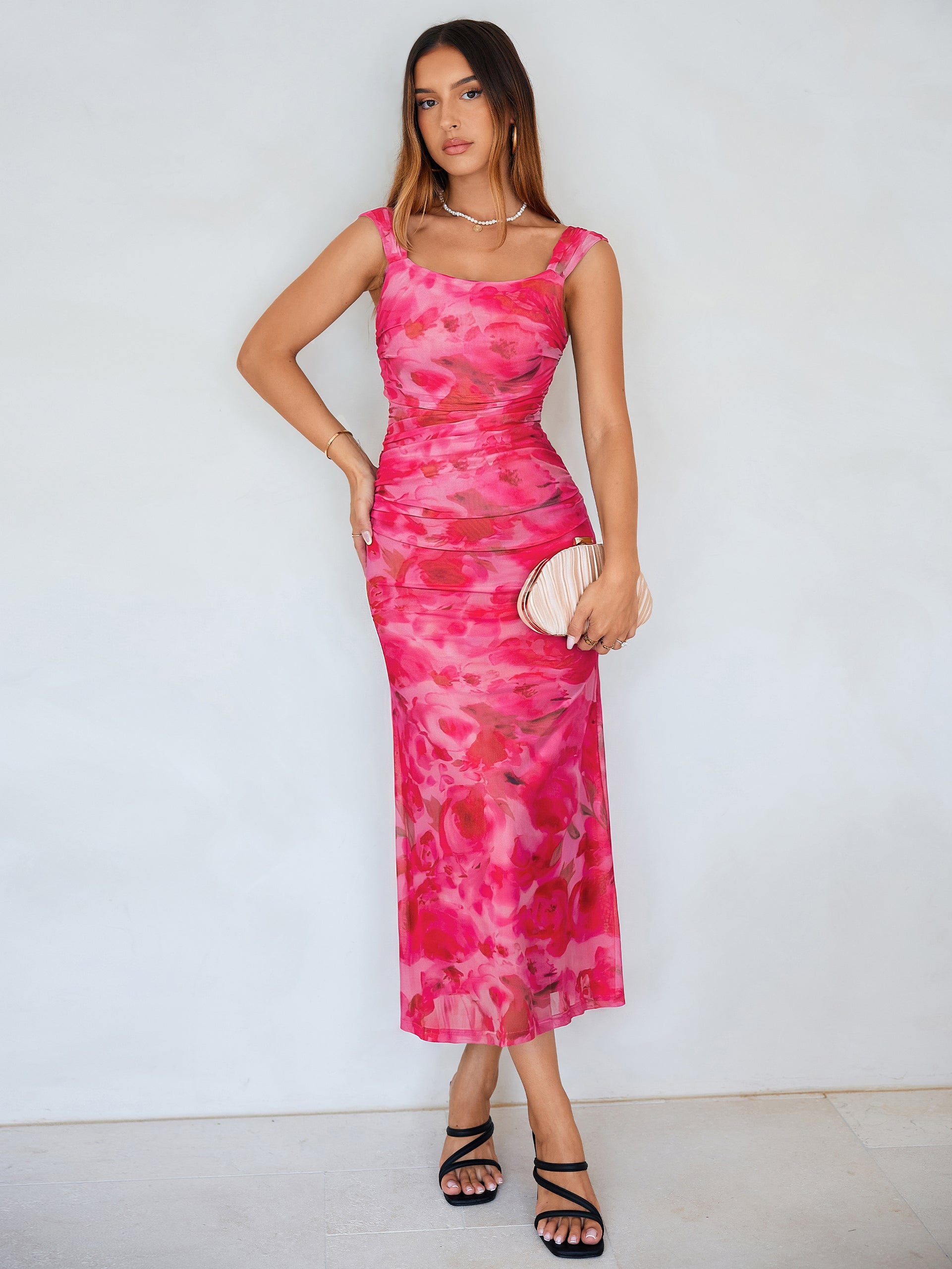 Floral Square Neck Ruched Mesh Bodycon Dress