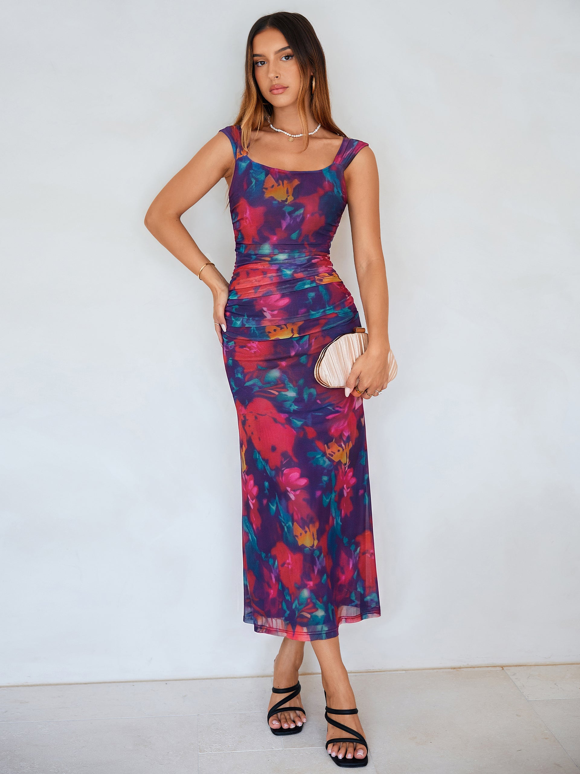 Floral Square Neck Ruched Mesh Bodycon Dress