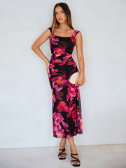 Floral Square Neck Ruched Mesh Bodycon Dress