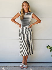 Striped Sleeveless Crew Neck A-Line Midi Dress