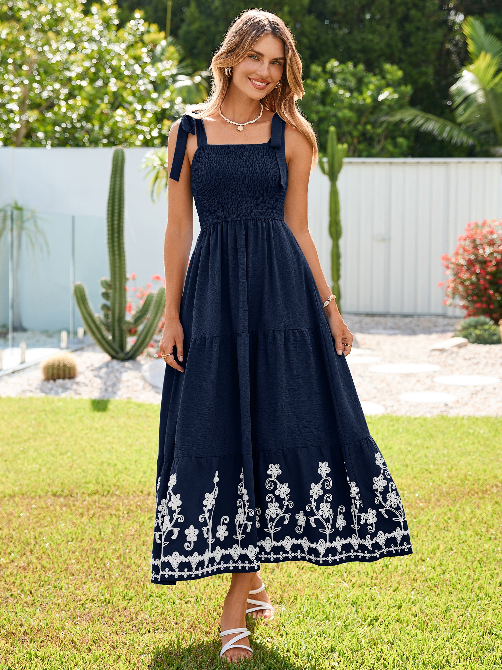 Floral Embroidery Smocked Tie Shoulder Maxi Dress